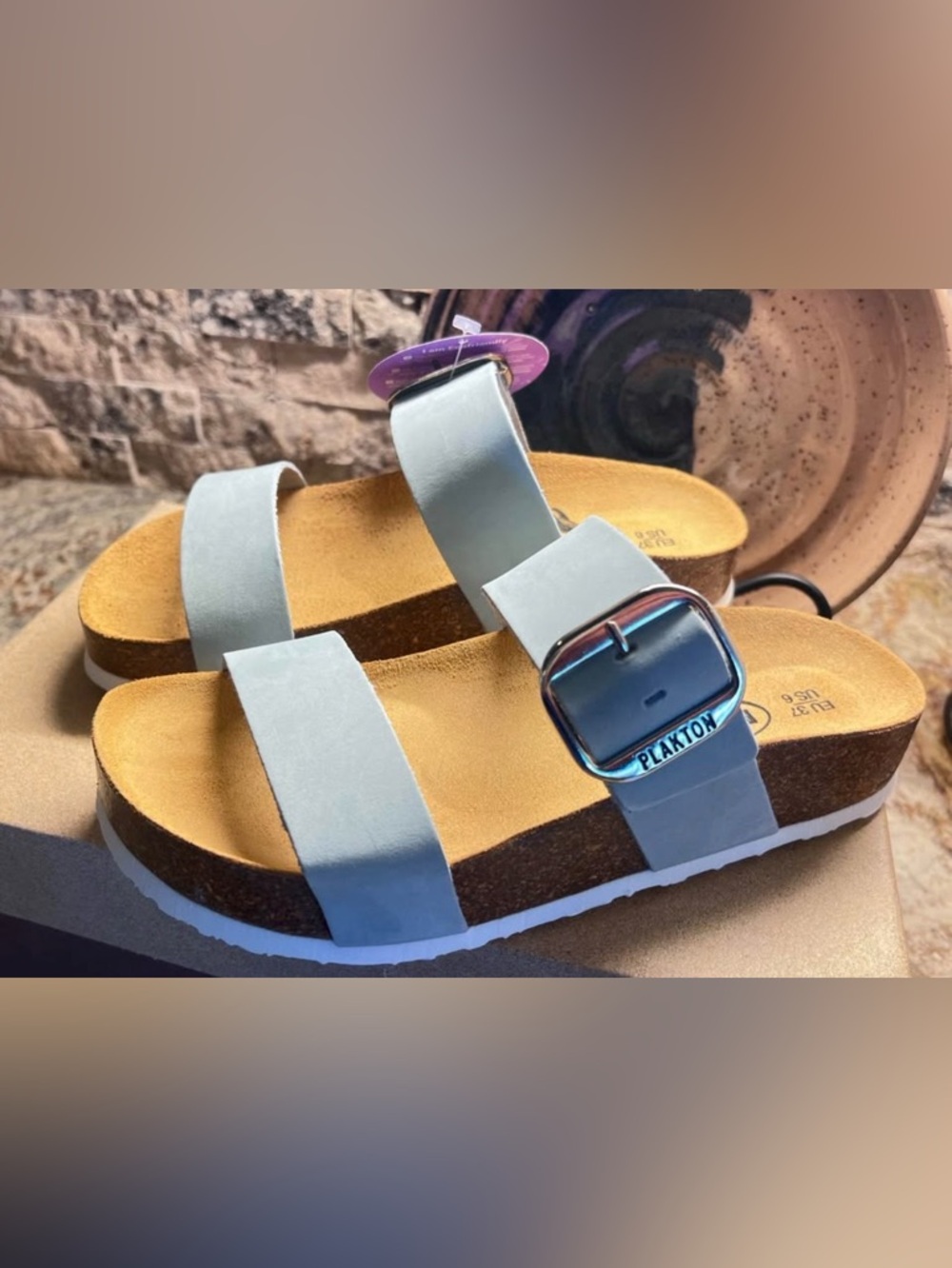 Ladies Size 6- Plakton Morocco blue leather slide sandals/ cork footbed- new!